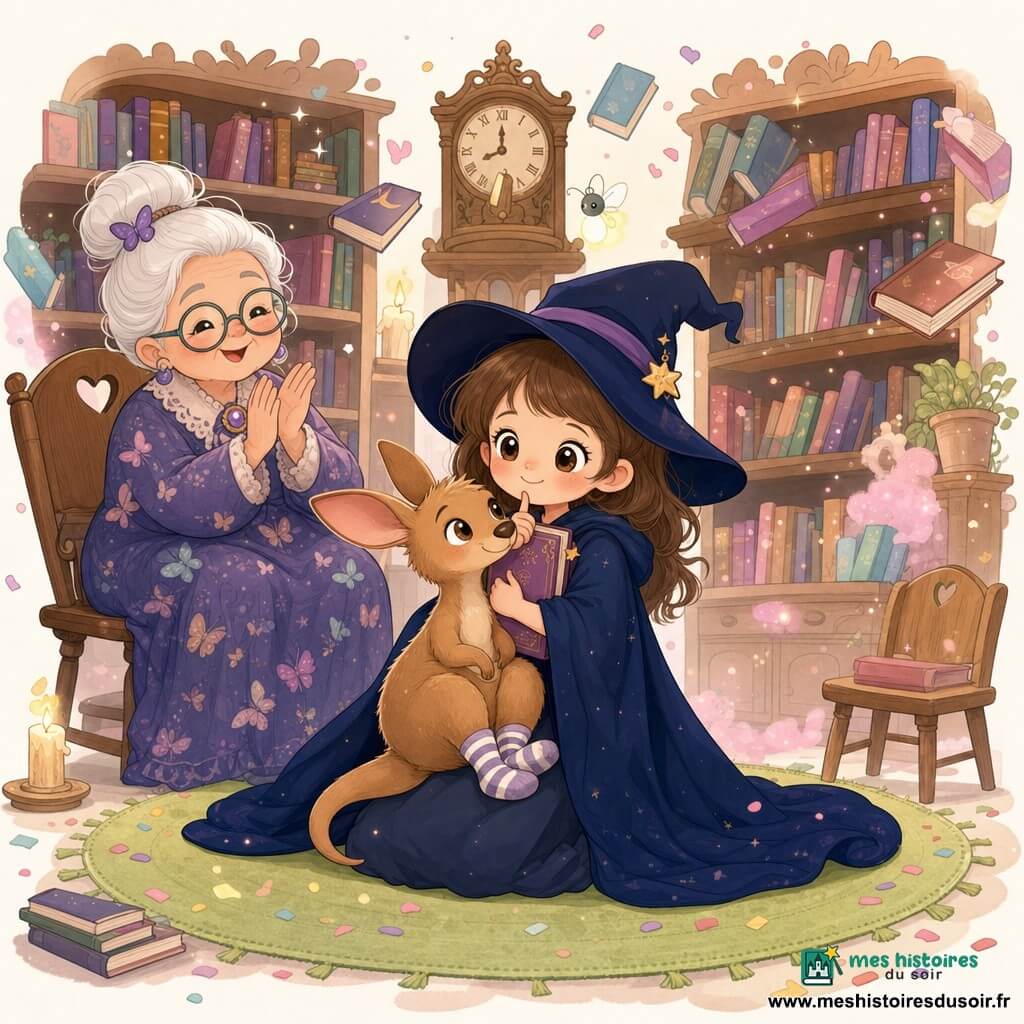 Zoé, apprentie sorcière d'environ 5 ans au visage rond et souriant, yeux grands et brillants, cape bleu nuit trop grande, chuchotant une formule en serrant un petit grimoire violet contre sa poitrine, posture douce et concentrée ; Mémé‑Papillon, vieille sorcière joyeuse d'environ 70 ans, chignon blanc, lunettes rondes, robe à motifs papillon, applaudissant doucement assise à gauche sur une chaise en bois ; un mini kangourou marron clair en chaussettes rayées, aux yeux malicieux, posé sur les genoux de Zoé ; bibliothèque à étagères hautes en bois avec livres colorés flottants, tapis rond pistache, horloge ancienne avec une luciole clignotante et lumière chaude de bougies ; Zoé calme la bibliothèque après une farce, les livres et chaises se rangent doucement autour d'eux dans une atmosphère apaisée et magique ; style pastel aux contrastes doux, traits arrondis et détails mignons (confettis, petit nuage de poussière rose), composition centrée sur Zoé et le kangourou.