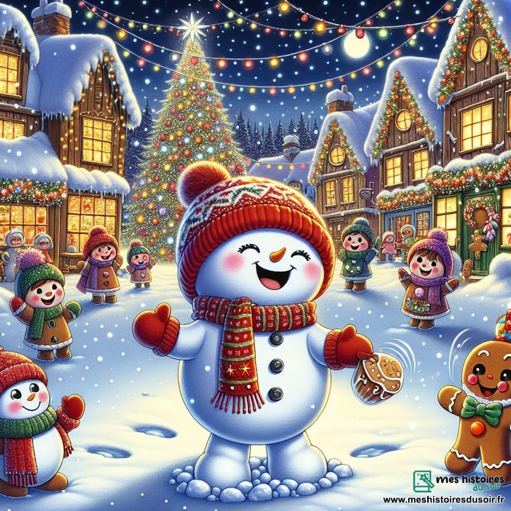 Flocon, un bonhomme de neige souriant avec un chapeau et une écharpe rouge, danse joyeusement au centre d'une place de village enneigée, entouré de flocons de neige scintillants. À ses côtés, Lila, une boule de neige avec un sourire éclatant, applaudit avec enthousiasme. Max, un bonhomme de pain d'épices malicieux, tient une crêpe et rit en regardant Flocon. La place est décorée de guirlandes lumineuses et d'un grand sapin de Noël, avec des maisons en bois recouvertes de neige et des enfants jouant en arrière-plan. La scène illustre Flocon et ses amis célébrant leur festival d'hiver dans une ambiance festive et chaleureuse, pleine de magie hivernale.