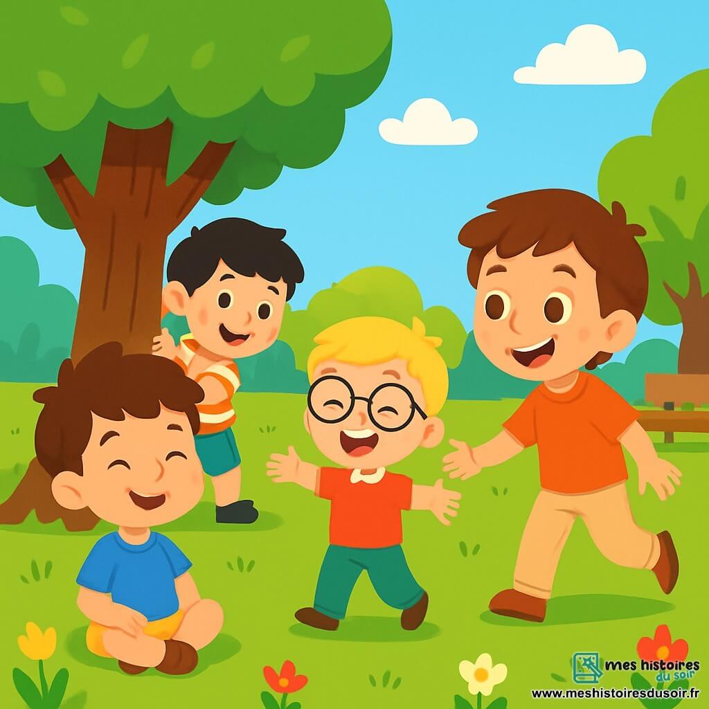 Quatre enfants jouent au parc : Lucas, un garçon de quatre ans aux cheveux bruns et aux yeux pétillants, est assis sur l'herbe en souriant. Ethan, avec des cheveux blonds et des lunettes, se tient debout en riant. Hugo, aux cheveux noirs et aux taches de rousseur, est accroupi derrière un arbre. Tom, avec des cheveux châtains et un grand sourire, cherche ses amis près d'un banc. Le parc est verdoyant, rempli d'arbres majestueux et de fleurs colorées, sous un ciel bleu parsemé de nuages. Les rires et les sourires des enfants créent une atmosphère joyeuse.