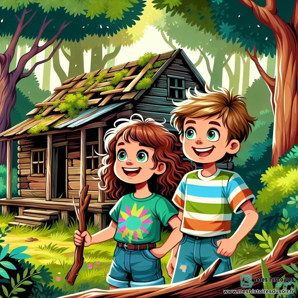 Clara, une fille de 10 ans aux cheveux châtains et bouclés, porte un t-shirt coloré et un short en jean. Elle sourit, les yeux brillants d'excitation, devant une vieille cabane en bois entourée d'arbres. À ses côtés, Tom, un garçon de 10 ans aux cheveux blonds en bataille et un t-shirt à rayures, rit en tenant une branche qu'il veut transformer en outil pour leur fort. La scène se déroule dans une clairière ensoleillée, où la lumière filtre à travers les feuilles, créant des ombres dansantes. La cabane, avec ses planches usées et fenêtres cassées, semble pleine de mystères. Clara et Tom, enthousiastes, planifient de transformer cette cabane abandonnée en leur « Maison de l'Espoir », un lieu pour partager leurs rêves et aventures.