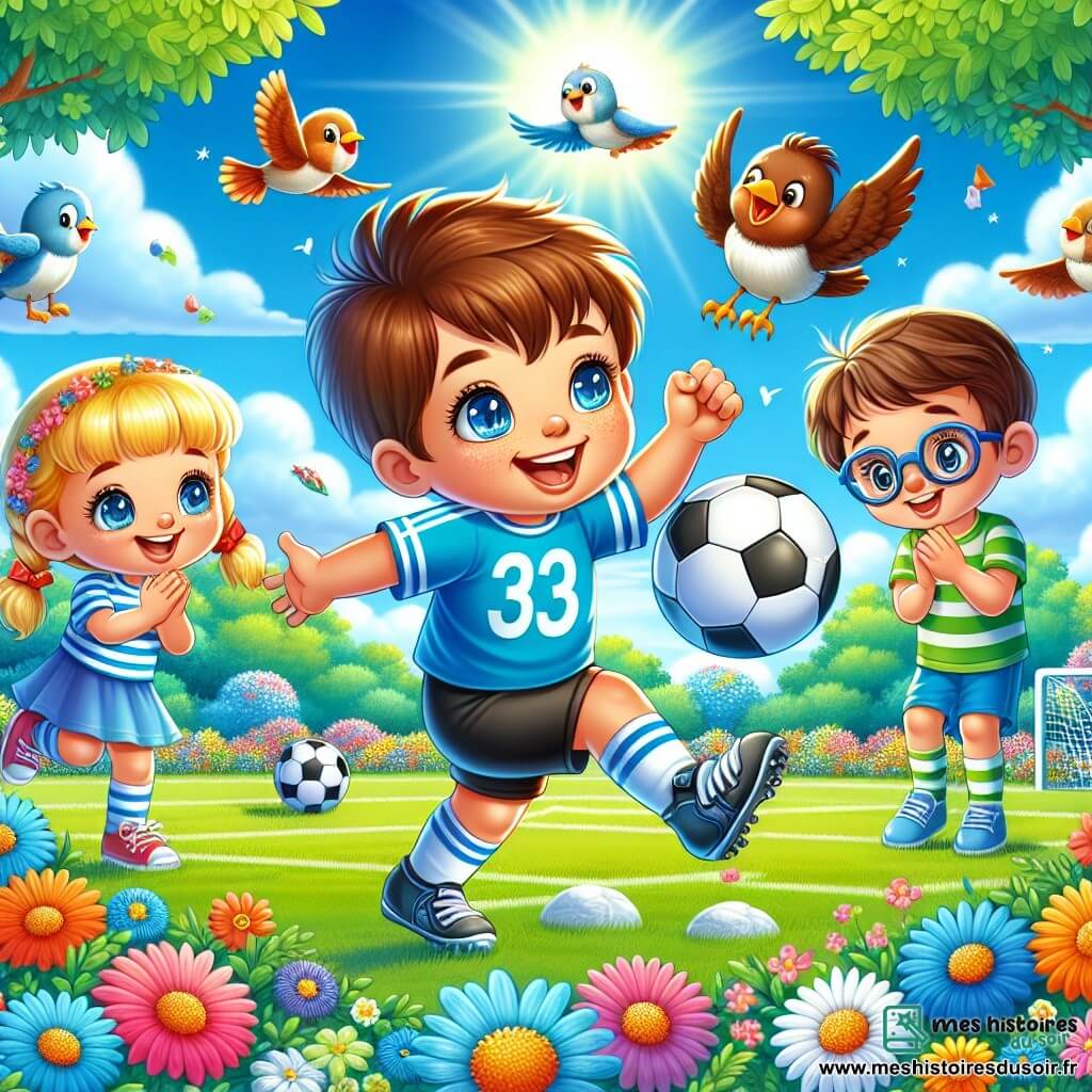 Léo, un garçon de 10 ans aux cheveux châtains et aux yeux pétillants, porte un maillot de football bleu et des shorts noirs. Il frappe un ballon avec un grand sourire, exprimant son enthousiasme pour le jeu. À ses côtés, une fille de 9 ans avec des cheveux blonds en tresses applaudit et un garçon de 8 ans avec des lunettes se prépare à attraper le ballon. La scène se déroule sur un terrain de football verdoyant, sous un ciel bleu ensoleillé avec des nuages blancs et des oiseaux. Léo montre aux autres enfants comment jouer au football, partageant les joies du sport et de l'amitié.