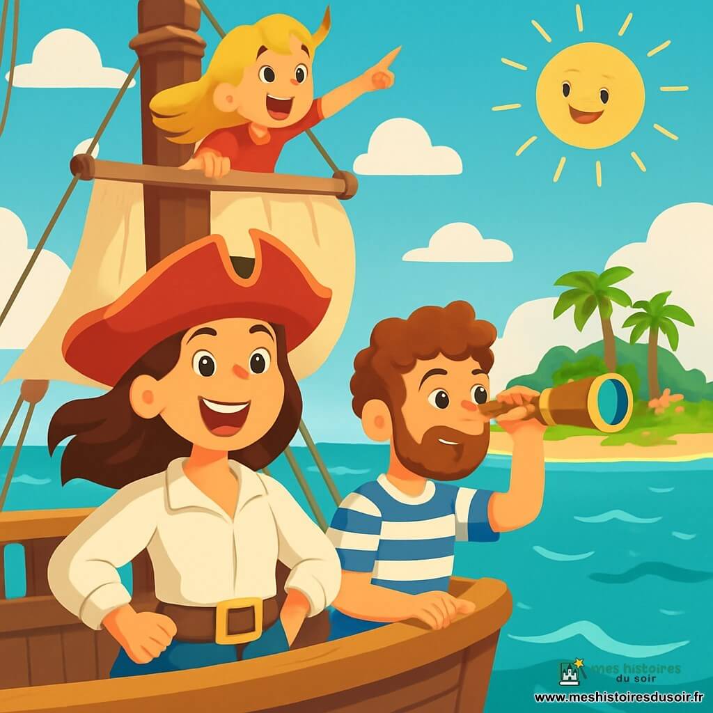 La Capitaine Léa, pirate audacieuse de 25 ans, se tient sur le pont de son navire, le Chant des Flots, vêtue d'un tricorne rouge et d'une chemise blanche, son sourire rayonnant de joie et de détermination. À ses côtés, Sam le marin, 20 ans, aux cheveux bouclés, scrute l'horizon avec une longue vue en or, tandis que Zoé la vigie, 18 ans, perchée en haut du mât, pointe l'île au loin, son visage illuminé d'excitation. Le vaste océan turquoise scintille sous un ciel bleu parsemé de nuages, avec une île verdoyante en arrière-plan. Léa et son équipage naviguent avec enthousiasme vers l'île mystérieuse, prêts à découvrir le trésor de la Berceuse des Vagues, sous un soleil éclatant.