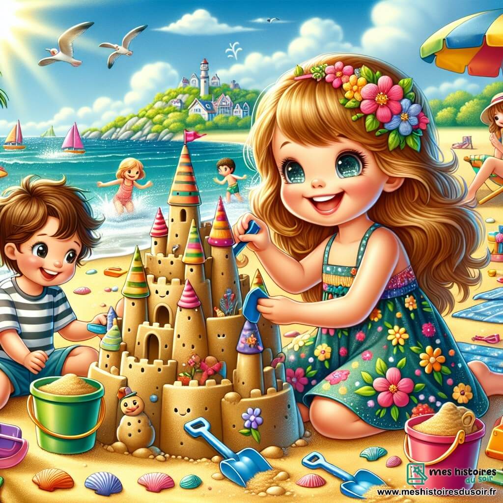 Margaux, une fille de 8 ans aux longs cheveux blonds et aux yeux pétillants, sourit en construisant un grand château de sable sur la plage. Elle porte une robe à fleurs colorées et est entourée de seaux et de pelles. À ses côtés, Lucas, son cousin de 7 ans avec des cheveux bruns en bataille et un t-shirt rayé, l'aide avec une petite pelle. Un peu plus loin, leur maman, une femme d'une trentaine d'années avec des cheveux châtains et un chapeau de paille, les observe en souriant, assise sur une serviette de plage avec un livre. Le décor est une plage ensoleillée avec des vagues douces, des parasols colorés et des coquillages. Margaux et Lucas rient ensemble en ajoutant des drapeaux en papier sur les tours du château, illustrant la joie d'un été inoubliable.