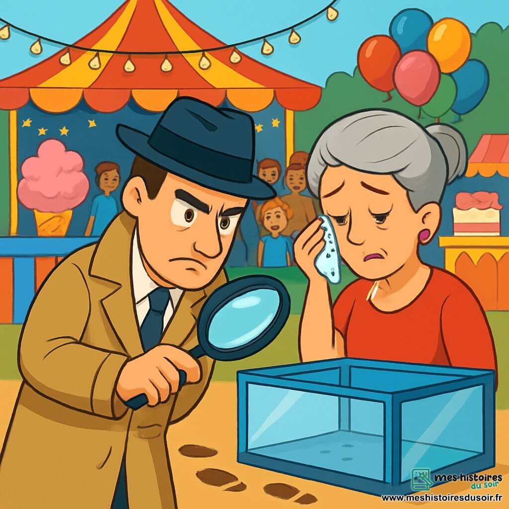 Un homme, Gustave Lemarchand, détective privé d’environ 40 ans, porte un trench-coat beige et un chapeau noir. Son visage est concentré, tenant une loupe pour scruter le sol près d'une vitrine vide. À ses côtés, Madame Dubois, une femme d'une cinquantaine d'années en robe rouge, essuie une larme, inquiète. En arrière-plan, un pavillon de festival décoré de guirlandes lumineuses et de ballons colorés attire une foule émerveillée, tandis que des stands de nourriture ajoutent à l'ambiance festive. Gustave cherche des indices au sol, tandis que Madame Dubois espère retrouver son collier disparu.