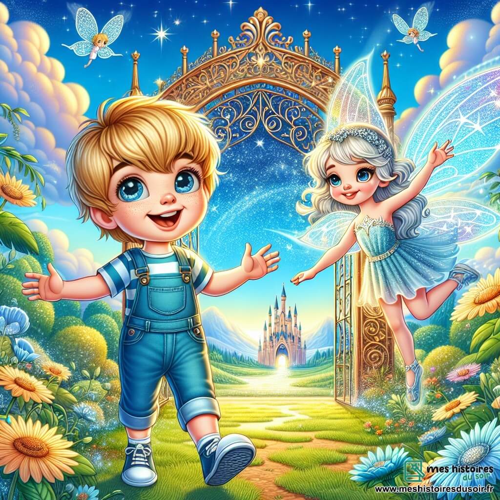 Un petit garçon de 5 ans, Lucas, avec des cheveux dorés et des yeux curieux, se tient devant un portail magique scintillant, souriant d'émerveillement, les bras ouverts. À ses côtés, Étoile, une fée aux ailes brillantes et aux cheveux argentés, flotte en lui montrant le chemin. Le décor est un royaume enchanté avec des prairies verdoyantes, des fleurs géantes colorées et un ciel bleu parsemé de nuages. Le portail, orné de lumières, se dresse majestueusement au milieu de ce paysage féerique. Lucas et Étoile sont prêts à franchir le portail, symbolisant le début d'une aventure incroyable dans un monde de créatures fantastiques et de mystères.