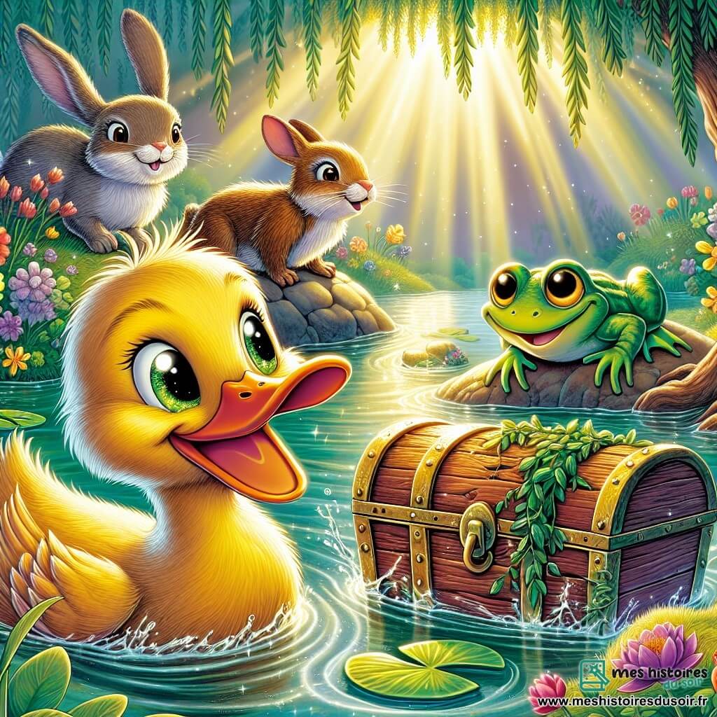 Ducky, un canard jaune aux yeux curieux, nage dans un étang scintillant et découvre un vieux coffre en bois recouvert d'algues. À ses côtés, Bella, une grenouille verte, saute sur une pierre, tandis que Léon, un lapin brun, observe depuis le bord de l'étang. L'endroit est entouré de fleurs colorées et d'arbres feuillus, avec des rayons de soleil créant une ambiance magique. Ducky, émerveillé, examine le coffre mystérieux, encouragé par ses amis pleins d'excitation.