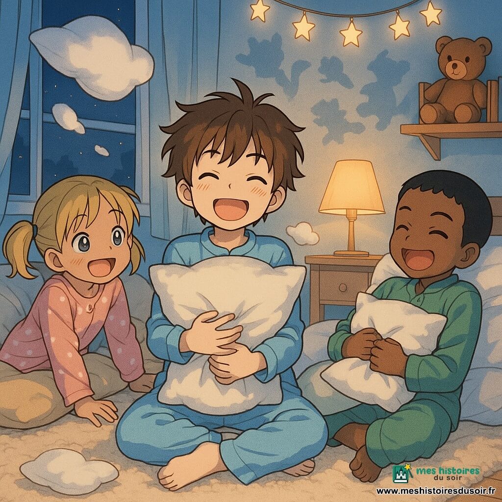 Trois enfants d'environ 9 ans dans une chambre nocturne accueillante : au centre un garçon aux cheveux bruns en bataille et pyjama bleu à petits nuages, assis sur le tapis crème et tenant un oreiller blanc moelleux comme un trésor ; à gauche une fille aux cheveux blonds en couettes en robe de nuit rose à pois, allongée sur un grand coussin en train de rire en regardant le garçon ; à droite un garçon aux cheveux noirs courts en pyjama vert, semi-allongé contre une pile d'oreillers, serrant un coussin, prêt à éclater de rire. La pièce a une lampe de chevet diffusant une lumière orange douce, une étagère avec une peluche ours brun et des livres colorés, murs bleu pâle projetant des ombres d'animaux via une guirlande d'étoiles ; ambiance cocooning et nocturne, textures douces et une bataille de coussins calme et joyeuse avec oreillers flottant lentement et rires étouffés.