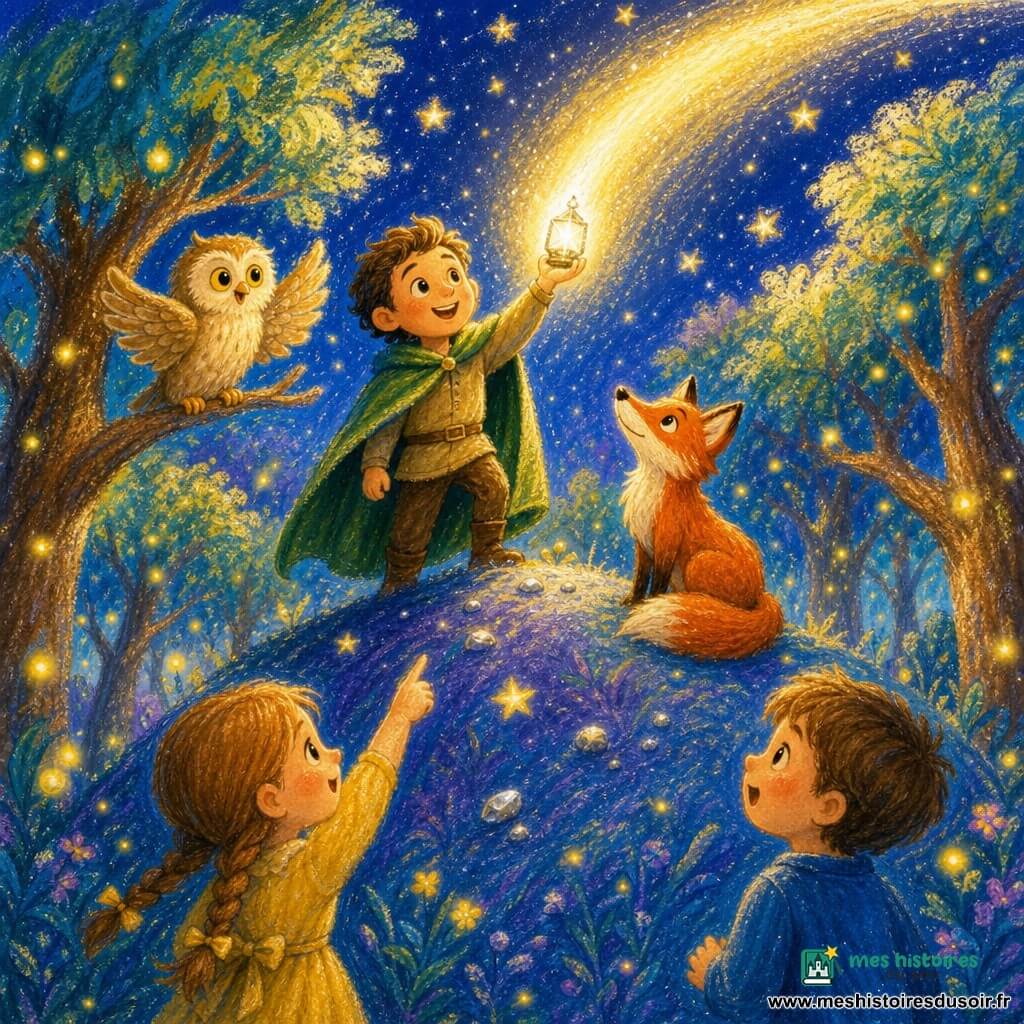 Léo, visage rond et souriant aux yeux noisette brillants d'espoir, porte une cape verte et lève une petite lampe de cristal qui projette un rayon formant un pont lumineux vers les étoiles ; à sa droite un renard roux aux poils brillants est assis, la queue enroulée, et à gauche une chouette beige aux grands yeux est perchée sur une branche, ailes légèrement ouvertes ; en bas de la colline deux enfants — une fillette aux cheveux tressés en robe jaune et un garçon aux cheveux bruns courts en pull bleu — regardent la lumière, émerveillés ; le sommet de la colline est herbeux aux tons bleus et violets avec petites pierres argentées, entouré d'une forêt aux troncs larges et feuilles scintillantes, des lucioles jaunes flottent, l'ambiance est douce en couleurs pastel chaudes, contours flous et textures rappelant le pastel gras.