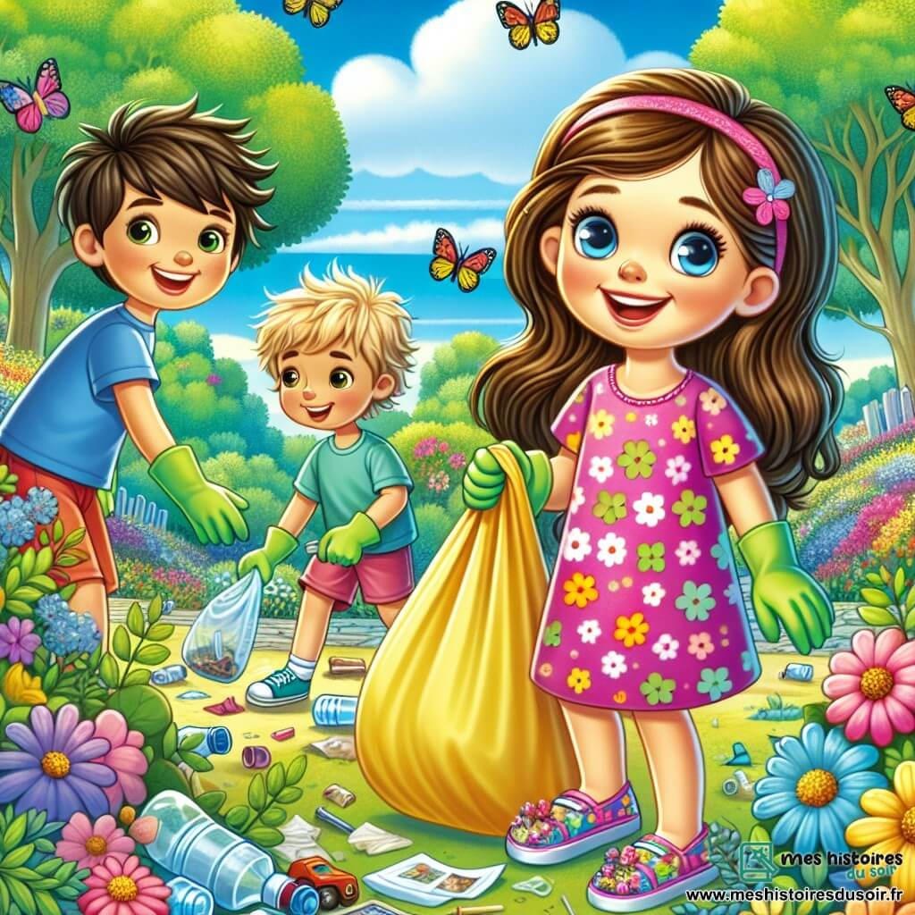 Lila, une petite fille de 4 ans aux longs cheveux bruns et aux yeux pétillants, sourit en tenant un grand sac en plastique jaune. Elle porte une robe rose à fleurs et des sandales colorées. À ses côtés, Hugo, un garçon de 5 ans aux cheveux blonds en bataille et en t-shirt bleu, ramasse des déchets avec un gant vert, riant joyeusement. Clara, une amie de 4 ans aux cheveux bouclés et en jupe violette, montre un vieux jouet trouvé, souriante. Le parc verdoyant, rempli de fleurs colorées et d’arbres majestueux sous un ciel bleu éclatant, est animé par des papillons. Les enfants nettoient le parc en ramassant bouteilles et papiers tout en s’amusant, montrant leur détermination à protéger la nature.