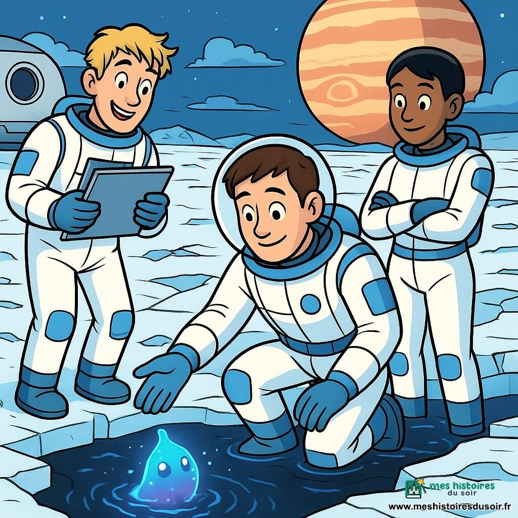 Hugo, ~35 ans, cheveux bruns courts, visage doux, regard émerveillé et sourire timide, agenouillé sur la glace en combinaison spatiale blanche aux détails bleus, tend une main gantée vers une cavité lumineuse; Max, ~34 ans, cheveux blonds en bataille, expression enthousiaste, se tient debout un peu à gauche derrière Hugo avec un carnet scientifique; la capitaine Léa, ~40 ans, coupe courte, regard rassurant et concentré, à droite bras croisés près du bord de la crevasse; une créature aquatique bioluminescente, corps translucide en goutte, lueurs bleu‑cyan et violet, yeux doux, flotte dans une eau noire sous la glace en émettant de petites vagues lumineuses; lieu : surface glacée d’Europe, vaste champ de glace blanche fracturée, fissures nettes, morceaux scintillants, ciel sombre avec la silhouette rayée de Jupiter à l’horizon et un hublot de vaisseau en arrière‑plan; scène de premier contact respectueux et émerveillé, lumière froide et reflets bleus, gestes lents, atmosphère calme et magique, composition claire pour enfants avec couleurs vives mais douces, lignes nettes et contours expressifs.