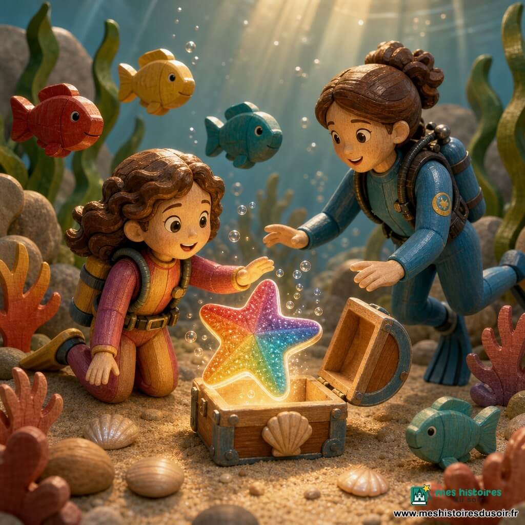 Fille de 4 ans, joyeuse, cheveux bruns bouclés, en combinaison de plongée colorée, tend la main vers une grande étoile de mer arc‑en‑ciel brillante qui apparaît d'une petite boîte en bois; sa mère d'environ 30 ans, cheveux attachés, en combinaison bleue, nage juste derrière prête à rassurer; des poissons en bois colorés tournent autour, sur un fond marin miniature (sable, rochers, algues, coquillages et coraux en bois) baigné de rayons dorés et de bulles.