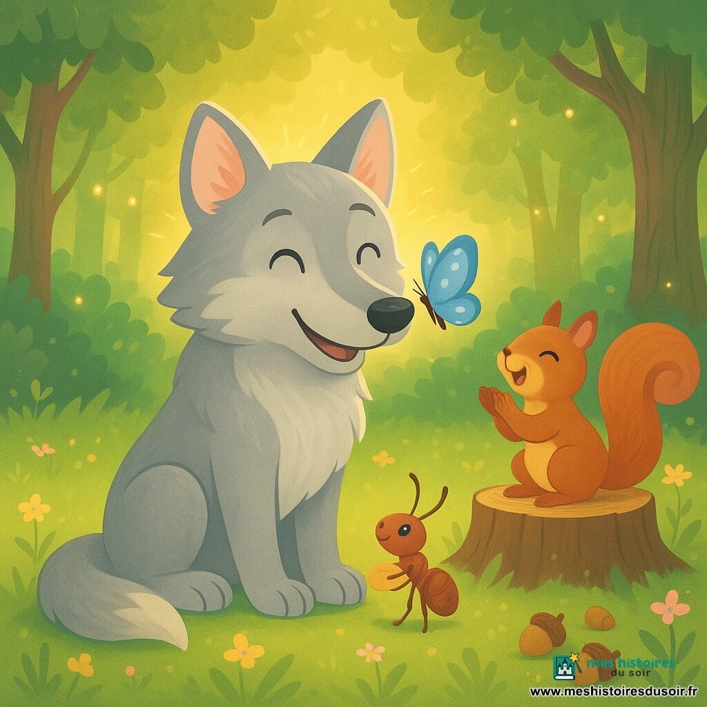 Un loup au pelage argenté et sourire bienveillant chante au centre d’une clairière pendant qu’une minuscule fourmi nommée Capucine, portant une grosse miette, grimpe sur sa patte avant, un écureuil roux sur une souche applaudit en riant, un papillon bleu posé sur le nez du loup; herbe tendre et fleurs pastel, arbres aux troncs noueux, rayons de soleil et lucioles, ambiance chaleureuse d’écoute partagée, couleurs saturées, contrastes doux, style vectoriel net à contours arrondis, composition centrée pour couverture ou double-page.