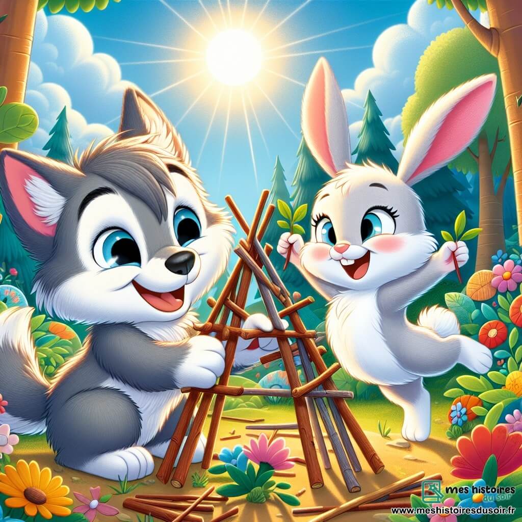 Un petit loup nommé Loulou, au pelage gris et aux yeux pétillants, construit un abri en branches dans une forêt ensoleillée. Il sourit en empilant des brindilles colorées. À ses côtés, une lapine nommée Riri, au pelage blanc et aux grandes oreilles roses, saute de joie avec des feuilles vertes. La scène se déroule dans une forêt vibrante, remplie de fleurs colorées sous un ciel bleu clair. Loulou et Riri, en riant et s'encourageant, symbolisent l'amitié et la coopération dans ce cadre magique.