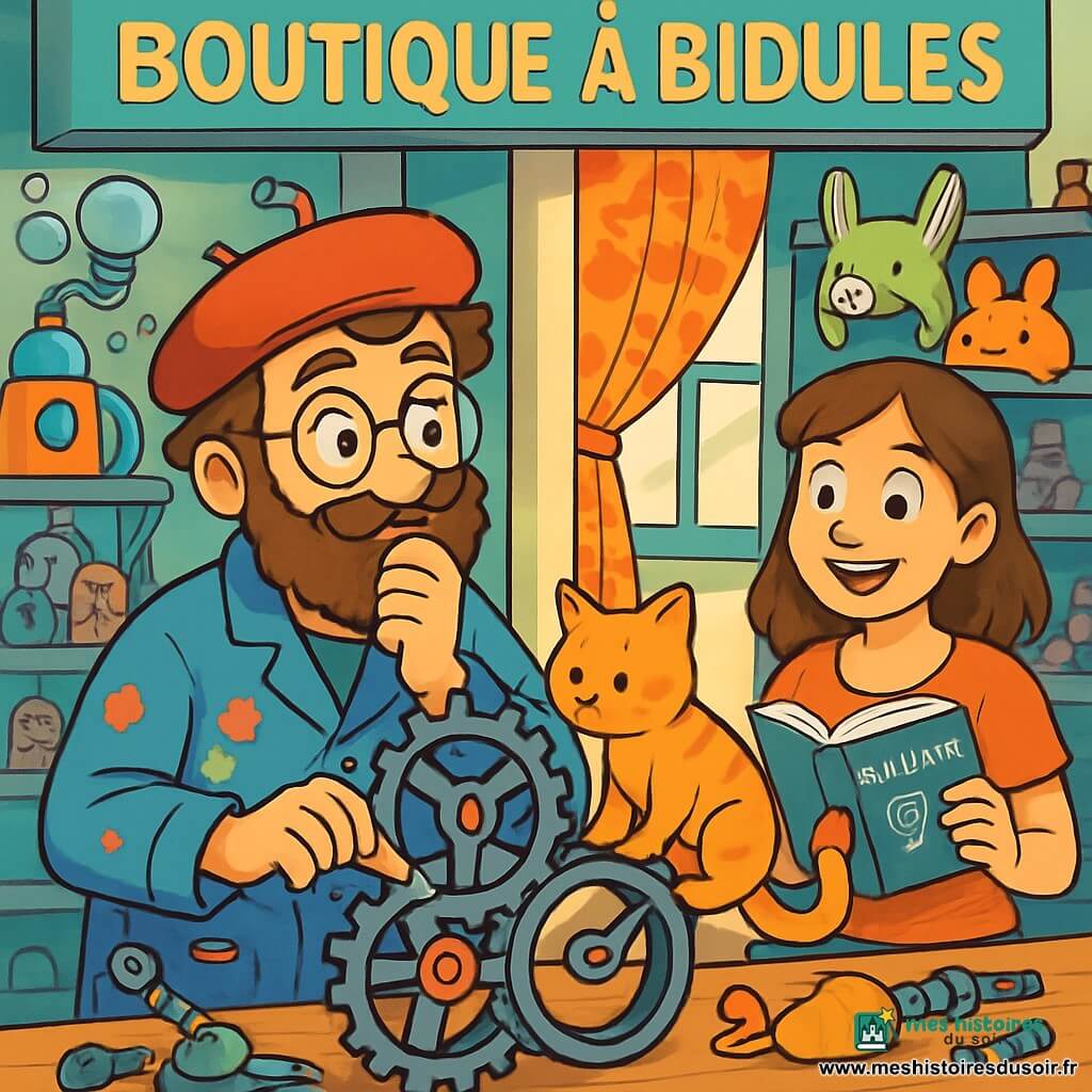 Un homme inventeur, Gustave, avec une barbe broussailleuse et des lunettes rondes, est plongé dans ses pensées, les yeux pétillants d'excitation. Il porte un béret rouge et une blouse de travail pleine de taches de peinture, tout en ajustant une roue à triple pignon sur un bureau encombré de gadgets. À ses côtés, Mathilde, une femme joyeuse d'environ 30 ans, avec des cheveux châtains et un sourire éclatant, observe avec amusement, tenant un livre d'inventions. La scène se déroule dans la "Boutique à Bidules", un petit magasin coloré rempli d'objets étranges. Gustave teste son invention, une "roue-chat-roulé", sur laquelle son chat orange, Pistache, hésite à monter, créant une atmosphère à la fois drôle et touchante.