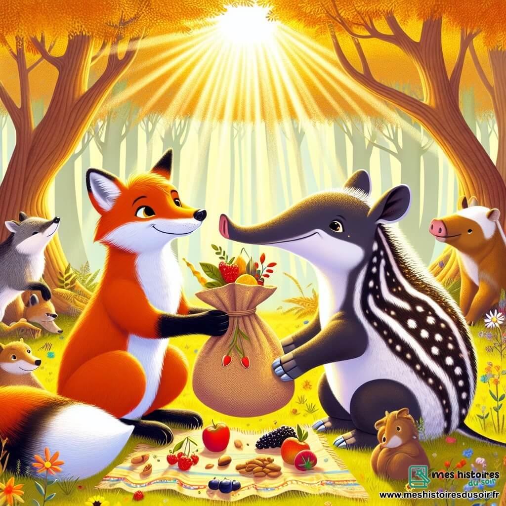 Illustration d'un renard au pelage roux flamboyant, avec des yeux pétillants de curiosité et un sourire chaleureux, assis sur l'herbe, entouré d'amis, tendant un sac rempli de fruits exotiques à un autre personnage. Un tapir au pelage tacheté de noir et de blanc, avec un long nez flexible, regarde le renard avec des yeux brillants de joie et de surprise, tenant un fruit dans ses pattes avant, prêt à découvrir le contenu du sac. La scène se déroule dans une clairière ensoleillée de la Forêt Enchantée, entourée d'arbres majestueux aux feuilles dorées. Une nappe colorée est étalée sur le sol, remplie de baies, de noix et de miel, tandis qu'une douce brise fait danser les fleurs sauvages. Le renard et le tapir partagent un moment de découverte et d'amitié, illustrant la tolérance et l'ouverture d'esprit. Des rayons de soleil filtrent à travers les branches, créant des ombres douces, tandis que d'autres animaux, comme un blaireau et une pie, observent avec curiosité, ajoutant une touche de vie à cette scène chaleureuse.