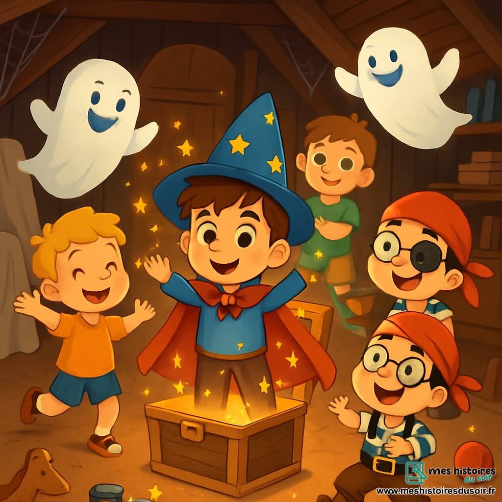 Quatre enfants se trouvent dans un grenier ancien. Lucas, 6 ans, avec des cheveux bruns en bataille, porte une cape rouge et un chapeau de magicien. Maxime, également 6 ans, a des cheveux blonds et est vêtu d'un t-shirt orange. Jules, 6 ans, porte un costume de pirate et des lunettes rondes. Léo, 6 ans, a des cheveux châtains et un t-shirt vert. Ils dansent joyeusement avec des fantômes translucides aux visages souriants, créant une atmosphère magique, tandis qu'une lumière dorée émane d'une malle ouverte, illuminant la pièce remplie de vieux meubles et de jouets anciens.