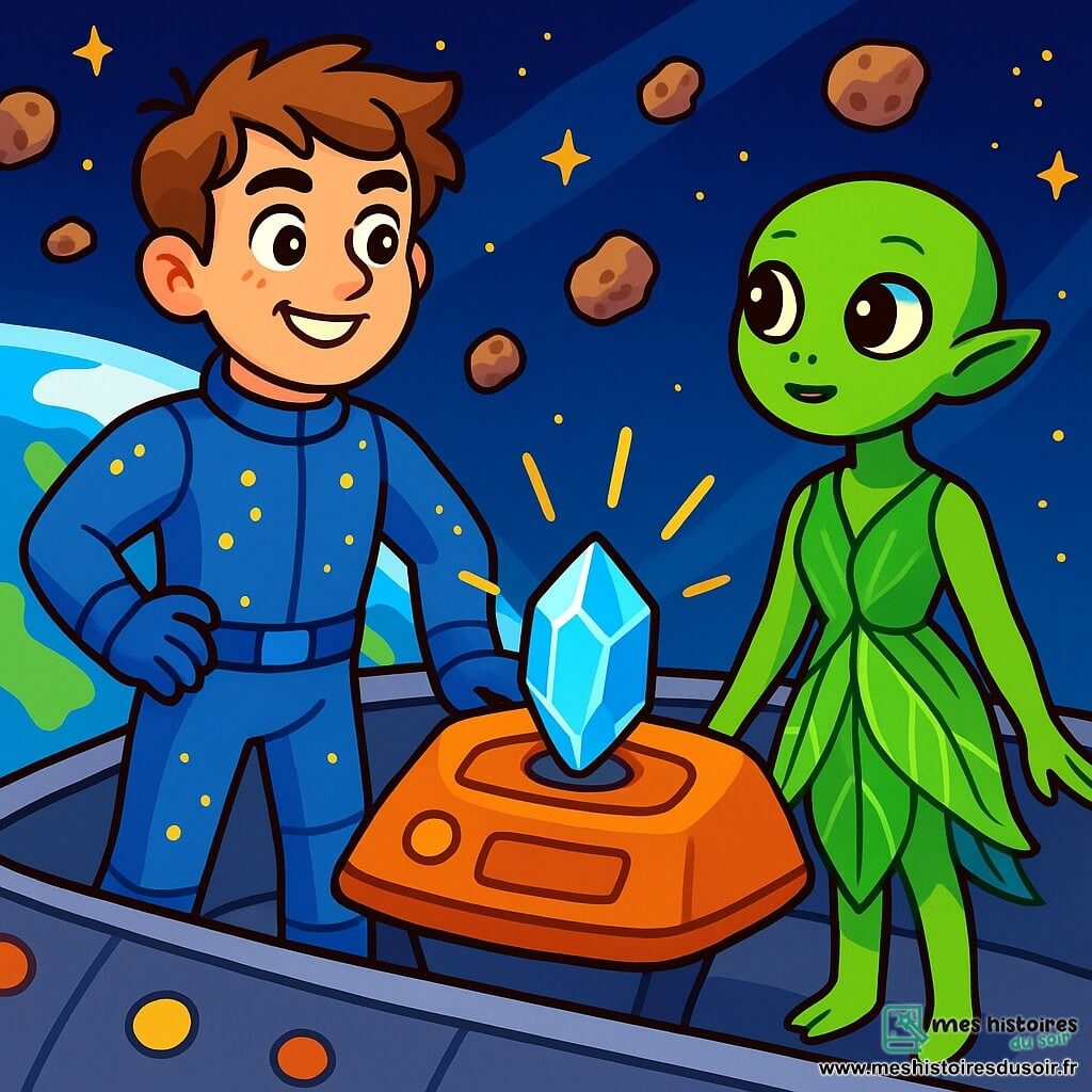 Un homme nommé Tom se tient sur le pont de son vaisseau spatial, affichant un regard déterminé. Il a des cheveux bruns en désordre et porte une combinaison spatiale bleue avec des lumières scintillantes. À ses côtés, une extraterrestre verte, fascinée par les étoiles, observe l'horizon. Le vaisseau est en orbite autour d'une planète bleue, entouré d'astéroïdes brillants. Tom et l'extraterrestre discutent avec enthousiasme de leur rencontre avec des extraterrestres bleus pour mettre fin à la guerre, tandis qu'un cristal mystérieux sur le tableau de bord diffuse des éclats de lumière.
