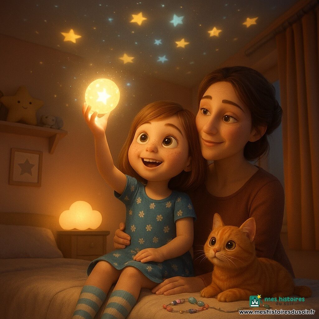 Une fillette de 8 ans aux cheveux châtain clair en carré, visage rond et taches de rousseur, yeux brillants et sourire émerveillé tient une petite sphère lumineuse projetant des étoiles vers le plafond; elle porte une robe bleue à fleurs et des chaussettes rayées, assise sur le lit; sa mère d'environ 34 ans, cheveux longs en chignon lâche, peau claire et expression tendre, est assise derrière elle et la serre doucement; le chat orange rayé "Biscotte" est posé sur la couverture près de perles et d'un bracelet en cours de confection; la chambre cosy aux murs pêche, rideaux fermés et veilleuse nuage, décorée d'affiches et de peluches, est baignée par des étoiles jaunes et bleu pastel projetées, créant une atmosphère chaleureuse et magique.
