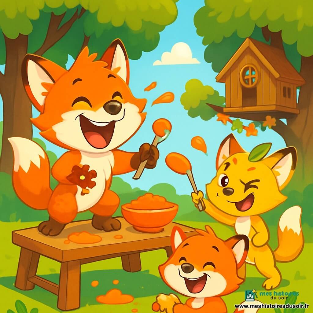 Un renard espiègle nommé Léo, aux poils roux et aux yeux malicieux, rit aux éclats avec des pattes pleines de purée orange, debout sur une table en bois. Sa sœur Lila, avec une feuille dans les cheveux, fait une grimace amusée, prête à lancer une cuillère de purée. Gaspard, le petit frère, est accroupi au sol, riant avec une moustache de purée sur le nez. La scène se déroule dans une clairière ensoleillée, entourée d'arbres, avec une maison en bois dans un chêne. Une grande table est couverte de bols de purée de carottes, tandis que les trois renardeaux se livrent à une bataille de purée, créant une ambiance joyeuse.