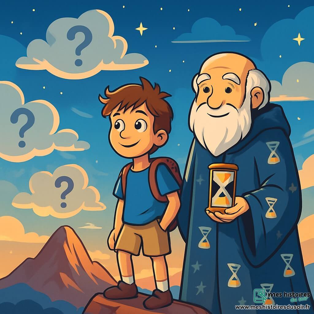 Un garçon de 12 ans, Eliott, aux cheveux châtains en bataille et aux yeux curieux, se tient au sommet d'une montagne, le visage illuminé d'émerveillement et de détermination. Il porte un t-shirt bleu et un short beige, contemplant un paysage fantastique. À ses côtés, un vieil homme à la barbe blanche, vêtu d'une cape constellée de sabliers, sourit avec sagesse, tenant un sablier. Le décor est une montagne majestueuse entourée de nuages et d'étoiles, chaque nuage portant une question en lettres d'argent. Le ciel est bleu profond avec des teintes dorées au coucher du soleil, créant une atmosphère magique. Eliott et le vieil homme discutent des mystères de la vie, tandis qu’un vent léger fait danser les nuages.