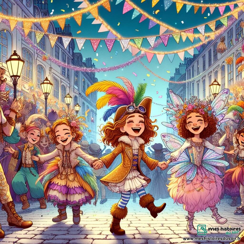Clara, 12 ans, porte un costume de pirate avec une plume sur son chapeau. À ses côtés, Lila, 11 ans, est déguisée en fée avec des ailes scintillantes, et Zoé, 12 ans, est en lionne avec une crinière en fausse fourrure. Elles dansent main dans la main au carnaval, entourées d'une foule festive avec des décorations colorées et des artistes de rue. Les trois amies s'amusent, profitant de l'énergie et de la magie de l'événement.
