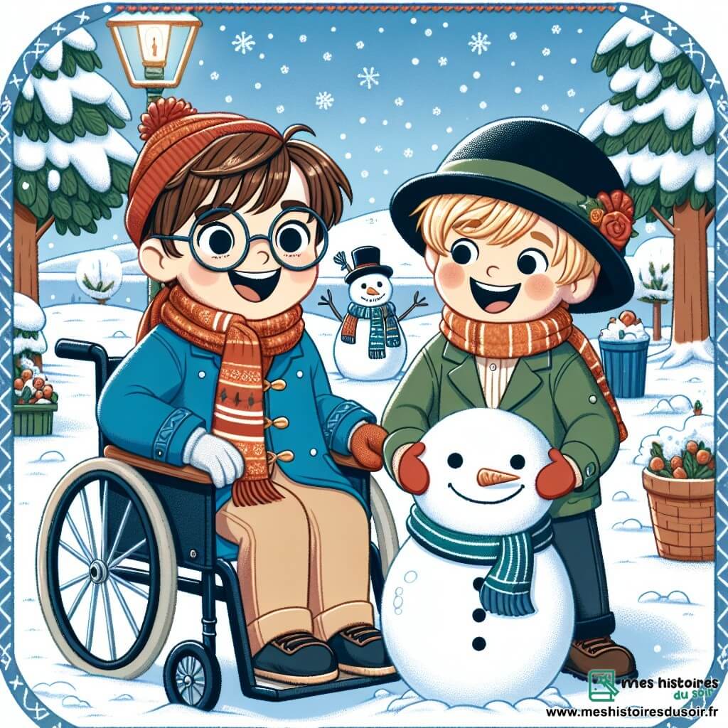 Léo, un garçon de 8 ans en fauteuil roulant, sourit avec ses cheveux bruns et ses lunettes, portant un manteau bleu vif et un bonnet rouge. À ses côtés, Max, 7 ans, aux cheveux blonds et joues roses, est debout en manteau vert et écharpe rayée, riant joyeusement. Ils se trouvent dans une cour d'école enneigée, entourés de flocons de neige tombant doucement. Derrière eux, un bonhomme de neige avec un chapeau noir et une écharpe rouge les observe avec un sourire amical, tandis que le paysage est rempli d'arbres enneigés et d'un sol blanc étincelant. La scène montre Léo et Max construisant un bonhomme de neige, riant et s'amusant dans une atmosphère magique d'hiver.