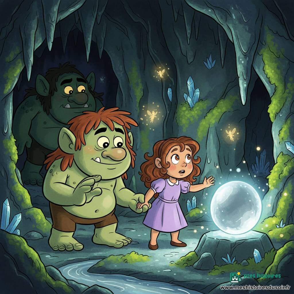Grum, un grand troll au visage rond et bienveillant, peau pierreuse vert doux et cheveux hirsutes brun-roux, tient la main de Lila, une fillette de 10 ans aux boucles châtain et robe lavande, tandis qu’elle tend la main vers la Pierre de Lune — une grosse gemme argent-bleu flottant au‑dessus d’un socle — dans une caverne humide aux parois moussues et cristaux bleus; Grok, un troll plus massif au teint vert foncé, se tient à moitié caché dans l’ombre, frustré, tandis que de petites fées lumineuses et la rivière argentée reflètent la lumière, créant une ambiance magique, sûre et courageuse aux traits arrondis et style cartoon rétro.