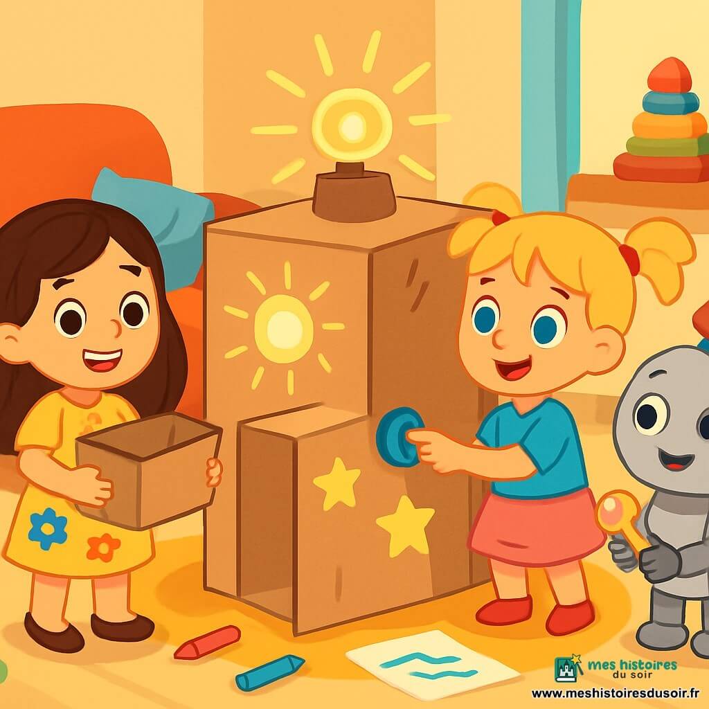Il y a trois personnages : Lila, une petite fille de 4 ans avec de longs cheveux bruns, souriante dans une robe jaune avec des fleurs, tenant une boîte en carton à gauche ; Noémi, également âgée de 4 ans, avec des cheveux blonds en couettes et un t-shirt bleu, au centre, appuyant sur un bouton bleu d'une machine ; et Monsieur Tic-Tac, un petit robot argenté, à droite, souriant avec une clé brillante. L'action se déroule dans un salon chaleureux, rempli de jouets colorés, autour d'une grande machine en carton décorée, prête à les emmener dans le passé, tandis que les filles sont joyeuses et curieuses, avec Monsieur Tic-Tac pour les aider dans leur aventure.