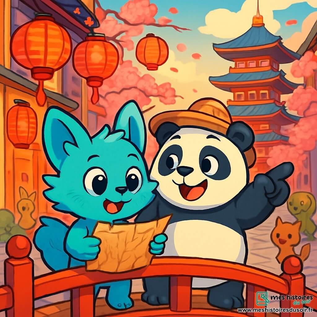 Mizu, un petit animal à fourrure bleutée aux grands yeux curieux, se tient au bord d'un pont rouge avec un sourire émerveillé. Il tient une carte ancienne dans ses pattes, fasciné par le paysage. À ses côtés, Kuma, un panda trapu avec un chapeau de paille, montre un temple coloré au loin avec une expression joyeuse. Ils se trouvent dans un quartier animé de Tokyo, où des lanternes flottent et illuminent les ruelles pavées et les cerisiers en fleurs. La scène est vivante, avec diverses créatures autour d'eux, tandis qu'ils sont prêts à explorer la beauté de la ville.