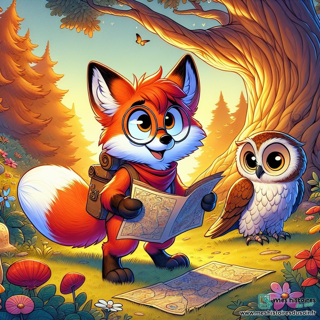 Un jeune renard au pelage roux éclatant, avec de grands yeux curieux et un sourire malicieux, se tient au centre de la clairière, tenant une carte ancienne. À ses côtés, un hibou aux plumes brunes et blanches, avec de grandes lunettes rondes, observe attentivement la carte. La clairière est baignée de lumière dorée, entourée de fleurs colorées et d'un vieux chêne majestueux. Le renard et le hibou sont prêts à s'engager sur un chemin mystérieux vers de nouvelles aventures.