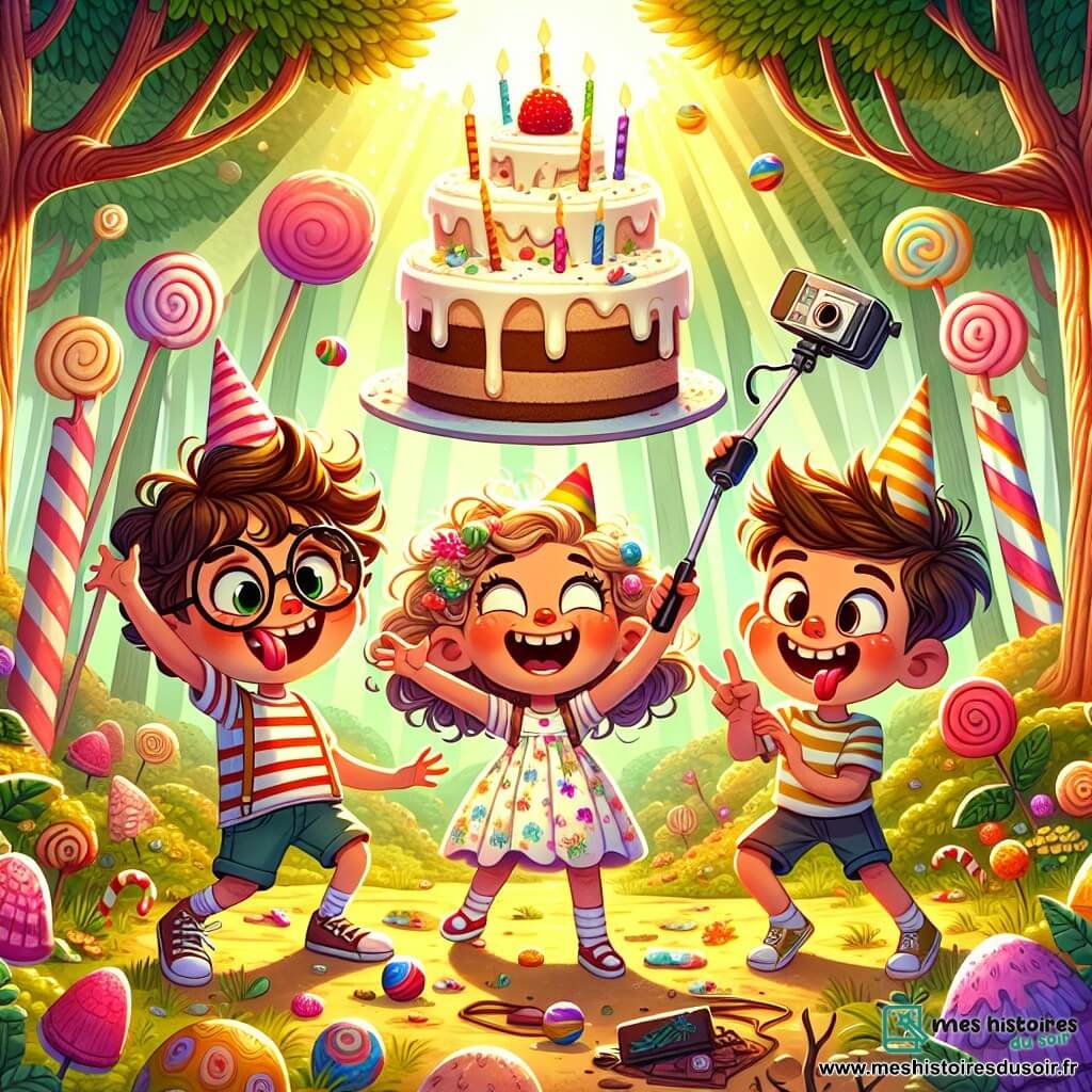 Dans une forêt enchantée, trois amis sont réunis : Lucie, 8 ans, avec des cheveux bouclés et une robe colorée, fait une grimace amusante devant un gâteau flottant ; Max, 9 ans, avec des lunettes rondes et un t-shirt à rayures, rit en prenant une photo avec un vieux selfie stick ; Jules, 7 ans, avec des cheveux courts et un t-shirt à motifs de dinosaures, tire la langue en jonglant maladroitement avec des balles colorées. La forêt est magique, avec des arbres en réglisse et des fleurs en forme de sucettes, baignée de soleil. Au centre, un gâteau en crème chantilly souriant flotte, entouré de guimauves géantes et de bonbons colorés, tandis que les amis s'amusent ensemble.