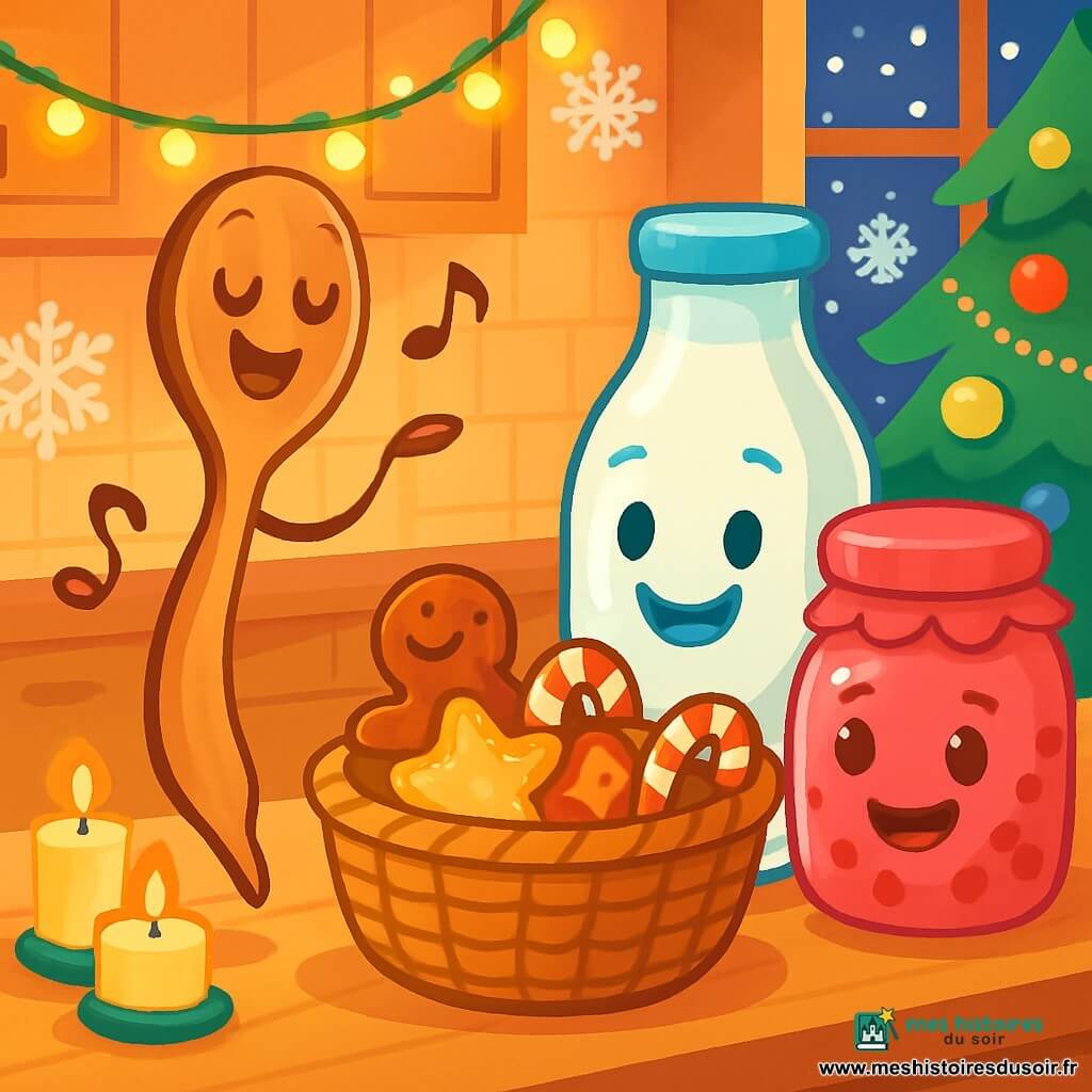 Dans une cuisine chaleureuse, une cuillère en bois nommée Mélodie, avec un sourire gravé et des yeux pétillants, danse joyeusement près d'un panier rempli de douceurs de Noël. Elle chante, ses courbes élégantes ondulant au rythme de sa mélodie. À côté, une bouteille de lait, ronde et amicale, brille d'un éclat blanc, prête à offrir sa chaleur. Un pot de confiture de groseilles, rose et brillant, sourit avec enthousiasme. La cuisine est décorée de guirlandes lumineuses, de flocons de papier et d'un sapin scintillant. Sur la table, des bougies diffusent une douce lumière dorée, créant une atmosphère magique. Mélodie prépare un panier de Noël pour apporter de la joie, tandis que la neige tombe doucement à l'extérieur, ajoutant une touche de magie à cette scène festive.