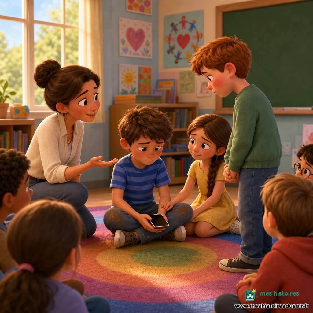 Un garçon de 8 ans, Hugo, assis sur un tapis rond multicolore, cheveux châtain courts, t-shirt bleu rayé et genoux un peu sales, regarde vers le bas, triste mais soulagé, téléphone éteint sur les genoux; en face, Jules, ~9 ans, sweat vert, visage rougi et expression gênée, se tient debout, légèrement penché comme pour s'excuser; la maîtresse, femme de 30–40 ans aux cheveux en chignon et blouse claire, accroupie, souriante et attentive, main ouverte dans un geste d'écoute; Léa, ~8 ans en robe jaune et tresse, assise près d'Hugo, glisse discrètement sa main sous la table pour le rassurer; la classe est lumineuse avec grandes fenêtres, murs pastel, affiches "Respect", dessins d'enfants, un grand tableau vert et étagères de livres; la scène, en style 3D d'animation enfantin, montre un cercle de parole matinier, atmosphère tendue mais apaisée, gestes amicaux et palette chaleureuse.