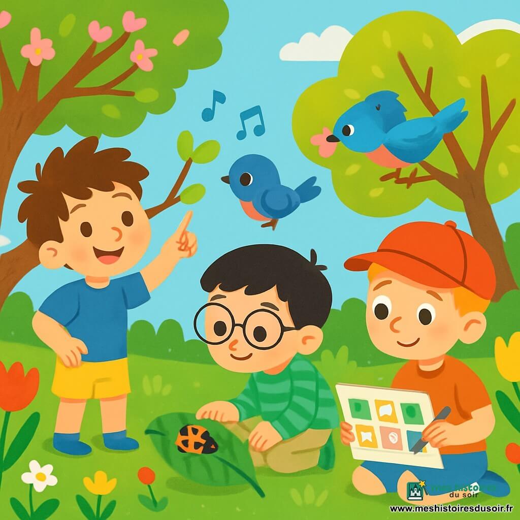 Il y a trois garçons : Léo, 4 ans, avec des cheveux bruns en bataille, un t-shirt bleu et un short jaune, qui pointe un bourgeon sur un arbre ; Sami, 4 ans, avec des cheveux noirs, des lunettes rondes, une chemise à rayures vertes et un pantalon beige, qui observe une coccinelle ; et Tom, 4 ans, avec des cheveux blonds, une casquette rouge et un t-shirt orange, assis sur l'herbe avec un carnet et un crayon. Ils se trouvent dans un jardin printanier coloré, avec des arbres en fleurs, des tulipes et un ciel bleu clair. Les garçons collent des gommettes sur leur calendrier d'observation, entourés de fleurs et d'animaux, partageant la magie du printemps.