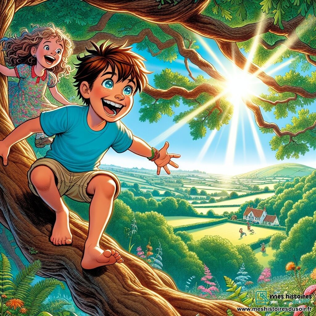 Lucas, un garçon de 12 ans aux cheveux châtains et aux yeux pétillants, grimpe avec enthousiasme sur une grosse branche d'un chêne. Il porte un t-shirt bleu vif et un short beige, son visage rayonnant d'excitation. À côté de lui, sa sœur Emma, 8 ans, avec des cheveux bouclés et une robe à fleurs, l'encourage avec un sourire émerveillé. Ils sont perchés au-dessus d'un paysage verdoyant dans une forêt ensoleillée, où la lumière filtre à travers les feuilles. En arrière-plan, on voit la maison de campagne de Mamie Jeanne, entourée de collines verdoyantes sous un ciel bleu éclatant. Lucas et Emma partagent un moment de complicité, prêts à explorer le monde qui les entoure.