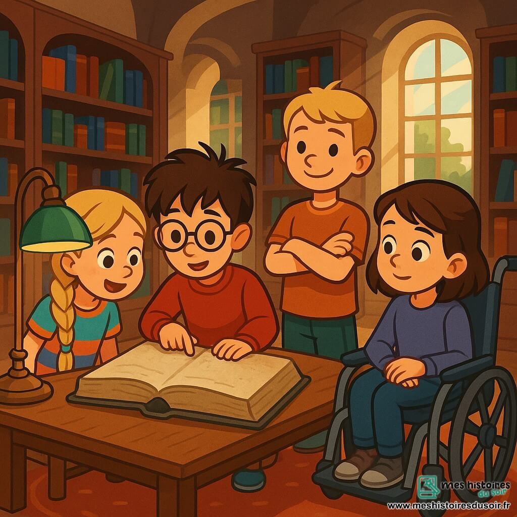Quatre amis, deux garçons et deux filles, se trouvent dans une bibliothèque ancienne. Lucas, 10 ans, avec des cheveux bruns en bataille et des lunettes rondes, feuillette un grand livre sur une table. À côté, Emma, 9 ans, aux longs cheveux blonds tressés et en robe colorée, admire les pages. Théo, 10 ans, aux cheveux blonds courts, est debout, bras croisés, avec un sourire confiant, tandis que Sofia, 9 ans, aux cheveux châtains et en fauteuil roulant, observe le livre avec curiosité. La bibliothèque est spacieuse, avec de grandes étagères en bois, des lampes anciennes et des tapis moelleux. Des rayons de lumière filtrent par de grandes fenêtres, créant une ambiance chaleureuse. Les amis découvrent un livre ancien sur un trésor caché dans leur ville et sont prêts à résoudre une énigme ensemble pour vivre une nouvelle aventure.