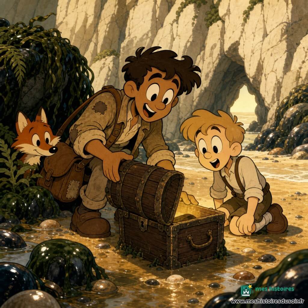 Armand, sourire confiant, cheveux bruns en bataille, veste en toile usée et sac de cuir, penché pour ouvrir un vieux coffre sur le sable; à sa droite Léo, garçon de 8–10 ans aux cheveux blonds courts, agenouillé, les yeux écarquillés devant des cartes anciennes et une boussole étincelante; un petit renard roux curieux tapi dans les fougères à gauche; lieu : une crique secrète aux hautes falaises blanches, sable doré mouillé, galets et rochers couverts d’algues, et une petite grotte sombre en arrière-plan laissant filtrer une lumière dorée.