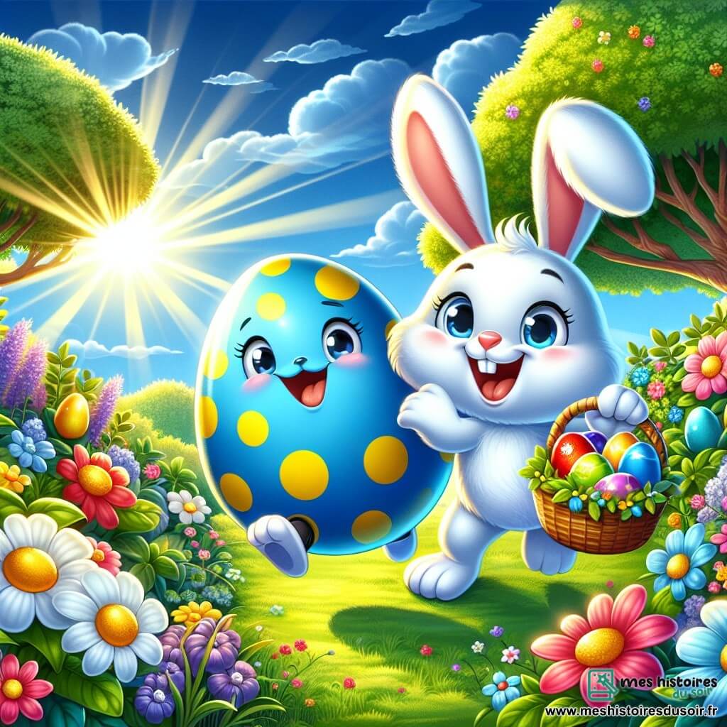 Un petit œuf coloré, bleu avec des pois jaunes, saute de joie dans un jardin ensoleillé, entouré de fleurs éclatantes et de verdure luxuriante. À côté de lui, un lapin de Pâques tout blanc, souriant et tenant un panier rempli d'œufs colorés, montre un œuf rouge caché sous un arbre. Le jardin est parsemé de fleurs multicolores et d'arbres majestueux sous un ciel bleu clair, avec des rayons de soleil créant une ambiance festive. La scène montre le petit œuf et le lapin cachant des œufs colorés pour la chasse aux œufs, remplis de joie et d'excitation, prêts à partager des sourires avec les enfants.