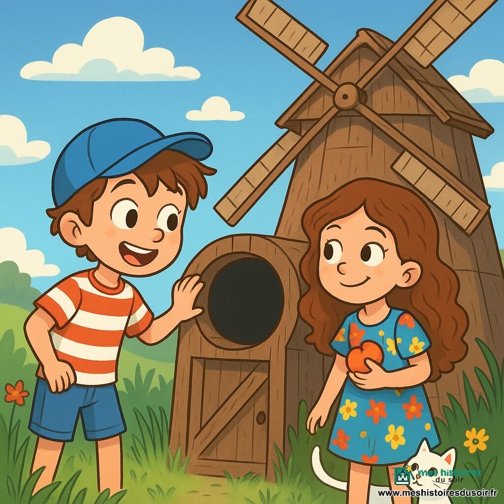 Un garçon de 8 ans, Théo, aux cheveux châtains et aux yeux curieux, se tient devant un vieux moulin en bois. Il porte une casquette bleue, un t-shirt rayé et un short en jean, affichant une grande excitation. À ses côtés, sa meilleure amie Léa, également âgée de 8 ans, a des cheveux longs et bouclés, et porte une robe à fleurs, tenant une pomme. Le moulin, avec ses ailes usées et sa porte légèrement ouverte, est entouré de hautes herbes et de fleurs sauvages, sous un ciel bleu avec des nuages blancs. La lumière du soleil illumine la scène. Théo et Léa enquêtent sur le mystère du moulin, se penchant pour observer à travers une fenêtre ronde, tandis qu'un petit chat blanc se faufile près d'eux, ajoutant une touche de magie à leur aventure.