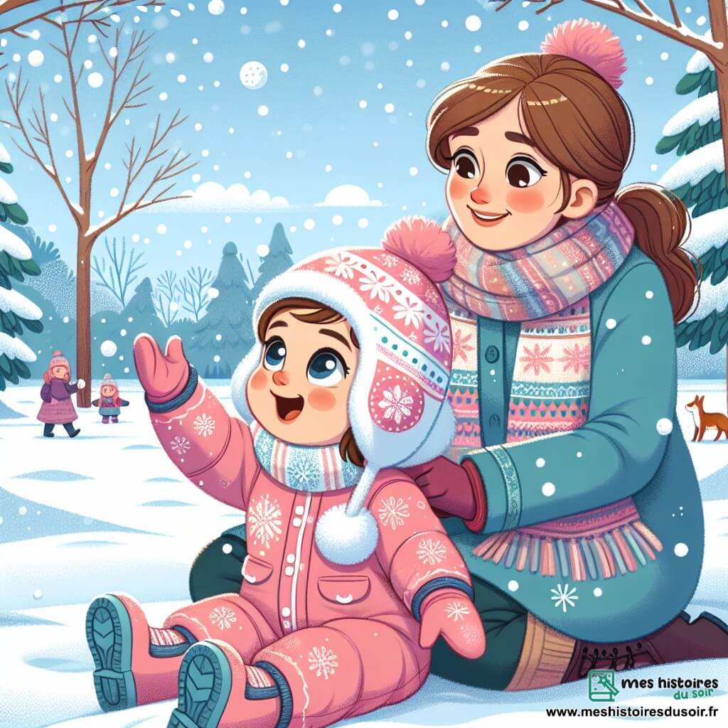 Une petite fille de 1 an, aux grands yeux brillants et joues roses, est assise dans la neige. Elle porte une combinaison rose à motifs de flocons de neige et un bonnet avec des oreilles de lapin, souriant en tendant la main pour attraper un flocon. À côté d'elle, sa maman, une femme d’environ 30 ans avec un chignon et un manteau bleu, la regarde tendrement tout en pointant un écureuil. Le parc hivernal est rempli d'arbres enneigés sous un ciel bleu clair, le sol recouvert de neige scintillante. Léa, émerveillée, rit et essaie d'attraper les flocons pendant que sa maman l'observe avec un sourire.