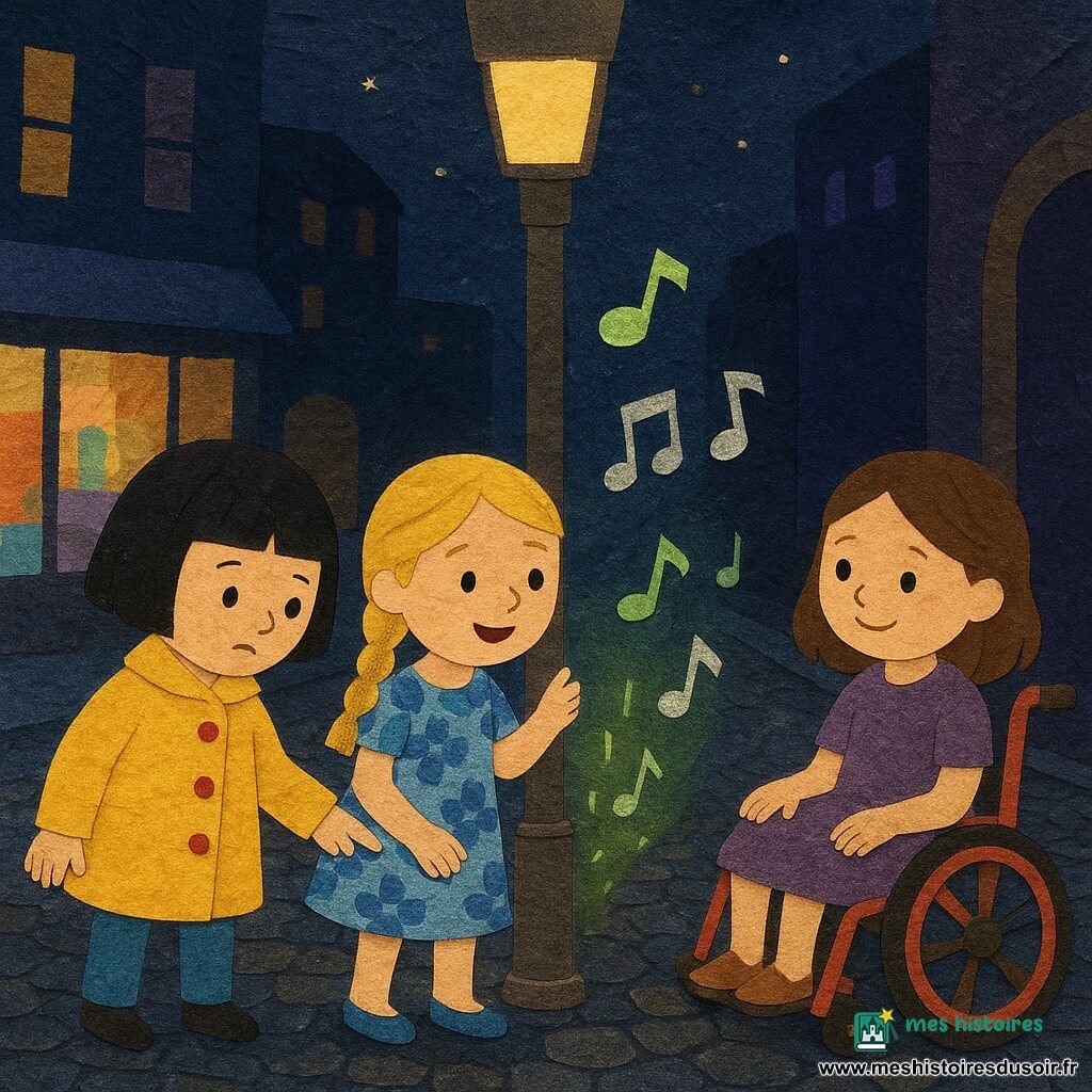 Trois filles d’environ six ans découvrent, dans une rue de ville la nuit aux pavés humides et lampadaires en métal, une mélodie lumineuse qui jaillit du trottoir en petites notes vertes et argentées : à gauche une fille aux cheveux noirs courts en carré et manteau jaune citron pointe une petite lumière verte, au centre une fille blonde tressée en robe à fleurs pose la main sur un lampadaire vibrant et sourit, à droite une fille châtaine assise dans un petit fauteuil roulant aux roues rouges écoute la mélodie en souriant ; l’ambiance est douce et magique, contrastée de jaune, vert, violet et bleu nuit, avec des textures évoquant découpes de papier et collages de tissu.