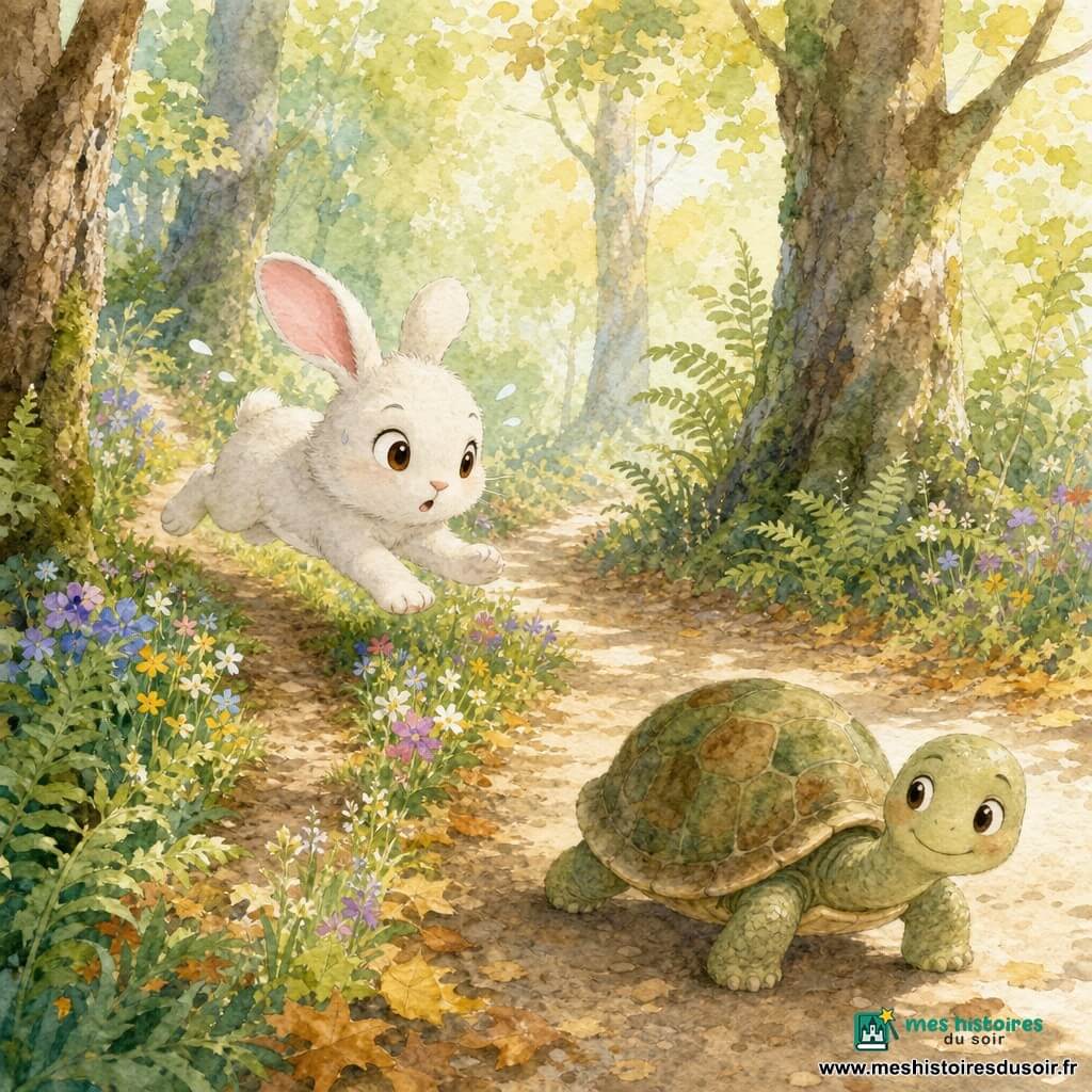 Théo, petit lapin blanc aux yeux noisette et longues oreilles roses, court essoufflé en prenant un raccourci sur un sentier étroit tandis qu'une tortue calme à la carapace verte tachetée de brun avance lentement sur le chemin principal; la forêt lumineuse de grands chênes, fougères et tapis de feuilles jaunes, avec des fleurs bordant le raccourci, crée une scène joyeuse et mouvementée aux couleurs pastel et textures aquarelle.