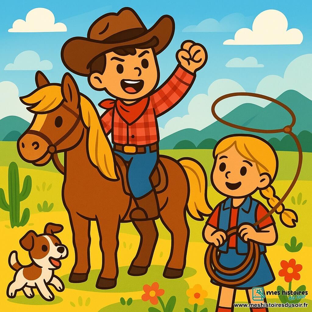 Un jeune cow-boy, Jack, d'environ 12 ans, se tient sur son cheval Lucky, un mustang brun. Il sourit avec détermination, portant un chapeau de cow-boy et une chemise à carreaux rouges. À ses côtés, Lily, 11 ans, tireuse d'élite avec des cheveux blonds tressés et un gilet en denim, est prête avec son lasso. Rusty, le terrier de Jack, aboie joyeusement. La scène se déroule dans une prairie ensoleillée avec des collines verdoyantes et un ciel bleu. Jack défie un bandit invisible, levant le poing et criant avec assurance, tandis que le vent fait flotter leurs vêtements, symbolisant leur courage.