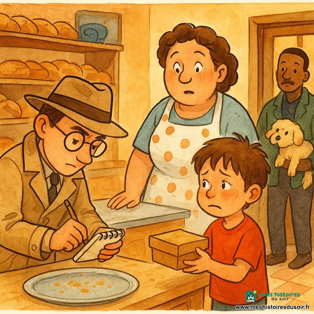 Dans une boulangerie au sol carrelé et à la lumière chaude du matin, le détective Marin, visage doux et concentré, lunettes rondes et manteau beige froissé, penché sur un plateau vide pour noter des miettes dans un carnet à spirales, observe Tom, garçon de 7 ans aux cheveux châtains et joues rouges, qui tend une petite boîte en carton à la boulangère Madame Lenoir, femme d'environ 50 ans au visage chaleureux et tablier à pois, surprise puis douce derrière le comptoir; en arrière-plan Monsieur Pipo, la quarantaine et moustache fine, tient la petite chienne pelucheuse Moumoute près de la porte; l'ambiance est tendre et lumineuse, centrée sur la réparation et l'acceptation, avec des détails sucrés (miettes, ruban bleu, carnet).