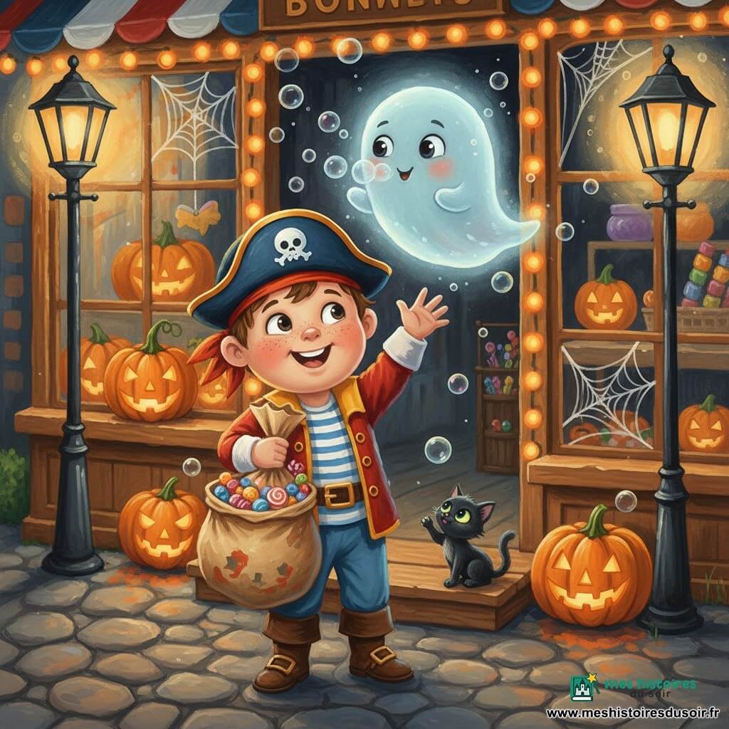 Lucas, 5 ans, en costume de petit pirate rouge et bleu, visage rond à taches de rousseur et grands yeux brillants, souriant et tenant un sac de bonbons tout en levant la main vers une bulle ; Poupou, petit fantôme amical bleu pâle et translucide avec un léger halo blanc, flotte au-dessus de l'épaule et souffle des bulles scintillantes ; un minuscule chat noir aux yeux verts est assis sur le seuil de la boutique de bonbons, levant la patte vers les bulles ; devanture en bois décorée de guirlandes lumineuses orange, citrouilles sculptées, toiles d'araignée peintes, lampadaires anciens et chemin pavé ; scène nocturne douce et sécurisante, rires, bulles et lumières orangées, tons chauds et composition centrée, lisible pour un enfant.
