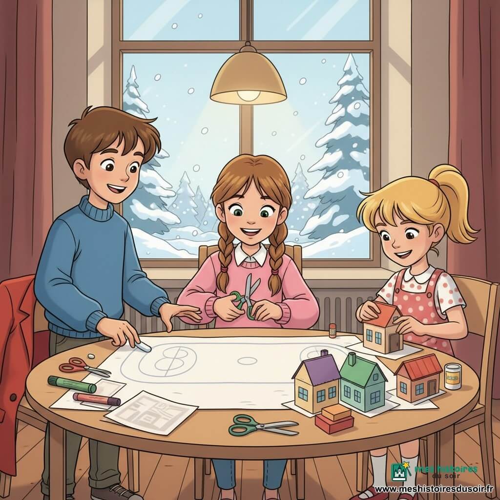 Trois enfants d’environ 10 ans — Léa, souriante et émerveillée, cheveux châtain clair en deux nattes, assise et découpant une petite maison en papier ; Tom, debout à gauche, cheveux bruns courts, pull bleu, traçant à la craie le contour d’une patinoire sur le papier ; Emma, assise à droite de Léa, cheveux blonds en queue de cheval, robe à pois, collant des fenêtres sur une boulangerie miniature — construisent ensemble un village en papier sur une grande table ronde de la salle commune de l’école, atmosphère chaleureuse et créative, papier froissé, colle brillante, feutres et ciseaux colorés, lumière douce d’une lampe et fenêtre montrant des arbres enneigés et des flocons.