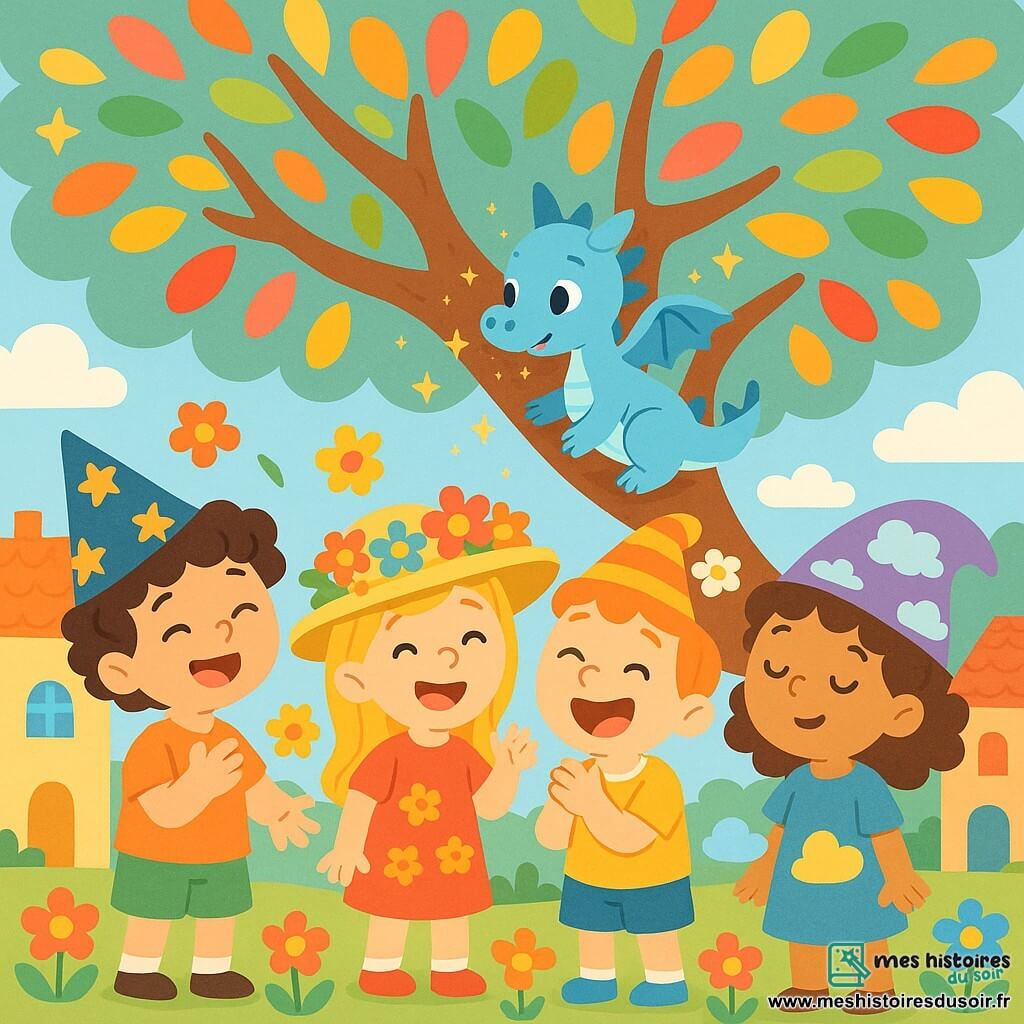 Quatre amis se tiennent sous un grand arbre aux feuilles colorées : Milo, un garçon de 8 ans aux cheveux bouclés et bruns, jongle avec des fleurs en riant. Clara, une fille de 7 ans aux cheveux longs et blonds, sourit joyeusement entourée de fleurs multicolores. Tom, un garçon de 6 ans aux cheveux courts et roux, éclate de rire avec un chapeau de clown orné de fleurs. Lila, une fille de 7 ans aux cheveux châtains et bouclés, les yeux fermés, est entourée de petits nuages colorés. Le village est coloré avec des maisons pastel et un ciel bleu. Les amis aident un petit dragon bleu coincé dans une branche, et le dragon les regarde avec gratitude alors que des étincelles de magie dansent autour d'eux.