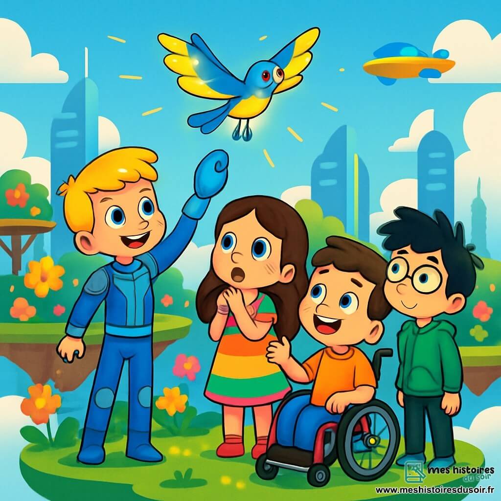 Quatre enfants jouent dans un parc flottant. Lucas, 8 ans, a des cheveux blonds et tient un drone en forme d'oiseau. Mia, 7 ans, admire le drone avec sa robe colorée. Max, 9 ans, en fauteuil roulant, encourage ses amis avec un grand sourire. Tom, 8 ans, observe le drone avec ses lunettes. Le parc, rempli de jardins suspendus et de fleurs lumineuses, est entouré de bâtiments futuristes et de voitures volantes. Les enfants lancent le drone Luminette, émerveillés par ses ailes brillantes, créant une scène joyeuse.