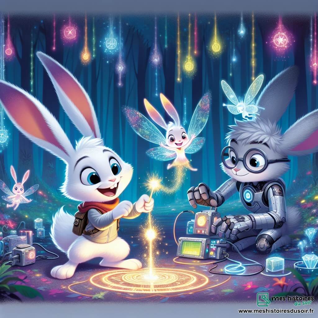 Mistral, un lapin techno-magique au pelage blanc éclatant, est au centre de la scène, souriant et tenant un petit appareil scintillant, le Bric-à-Brac. À ses côtés, Flocon, une fée aux ailes brillantes, flotte dans les airs, curieuse et joyeuse, agitant une baguette magique laissant une traînée de poussière d'étoiles. Pixel, un lapin technomage au pelage gris métallique et lunettes futuristes, se penche sur un dispositif complexe, concentré mais souriant, prêt à collaborer avec Mistral. La scène se déroule dans une clairière enchantée, entourée de grands arbres aux feuilles brillantes et de fleurs luminescentes dansant au rythme d'une douce mélodie. Ensemble, ils travaillent à une invention magique, montrant que magie et technologie peuvent coexister harmonieusement.
