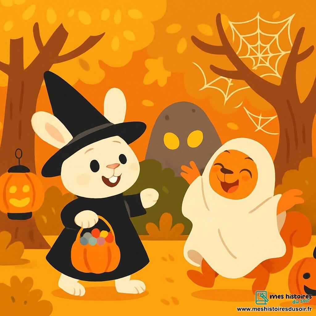 Lili, un petit lapin au pelage doux et blanc, porte un costume de sorcière noir avec un chapeau pointu. Elle est excitée et souriante, tenant un sac de bonbons. À ses côtés, Tim, son meilleur ami écureuil, est déguisé en fantôme avec un drap blanc, riant en dansant. La scène se déroule dans une forêt enchantée illuminée par des lanternes en forme de citrouilles, avec des arbres aux feuilles dorées et une pierre magique aux yeux clignotants. Lili et Tim dansent joyeusement, célébrant leur récolte de bonbons, entourés de leurs amis animaux qui les encouragent.